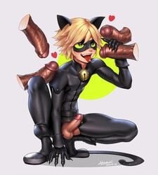 1boy adrien_agreste animal_ears bangs belt blonde_hair bodysuit cat_noir disembodied_penis erection fake_animal_ears femboy gay girly green_eyes handjob heart homri licking male male_focus male_only mask miraculous_ladybug multiple_males naughty_face penis penis_out precum ring saliva teeth testicles tongue tongue_out yaoi