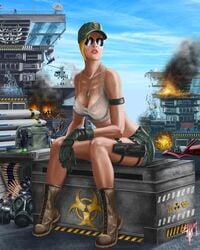 1girls 2d action_pose ass battle battleship biohazard_symbol blonde_hair boots breasts cap cleavage crop_top curvy dog_tags erect_nipples esau13 explosion female female_only fully_clothed gloves helicopter large_ass large_breasts midway military mortal_kombat nipple_bulge nipples no_bra ponytail see-through see-through_clothing see-through_top short_shorts sitting solo sonya_blade sunglasses tank_top thigh_holster