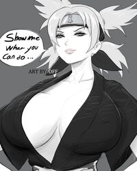 2019 bandana big_breasts black_kimono erect_nipples eyebrows grey_background heavenly_butts kimono large_breasts looking_at_viewer milf monochrome naruto naruto_shippuden nipples off_(artist) pink_lips sand_village_bandana solo solo_female solo_focus temari text