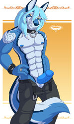 abs anthro balls belt biceps big_muscles blue_fur blue_hair blue_nipples blue_nose blue_penis bottomwear bracelet canid canine canis chest_tuft clothed clothing collar domestic_dog erection fur grin hair humanoid_penis jewelry male male_only mammal muscular muscular_male nipple_piercing nipples notorious84 nude pants paws pecs penis piercing pose presenting ring simple_background smile solo standing topless tuft wristband yellow_eyes