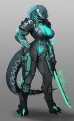 2019 2d anthro armor belly_button big_breasts boob_window breasts densatra_(deathhydra) fangs female female_only grey_background hand_on_hip holster holstered_weapon knife knife_holster knife_sheath legwear looking_at_viewer pgm300 reptile reptile_humanoid scabbard scalie scalie_female scalie_fetish scalie_humanoid scalie_only schewiener shoulder_pads snake snake_hood snake_tail solo solo_female spiked_tail spikes sword tagme teeth turquoise_eyes turquoise_spikes turquoise_sword