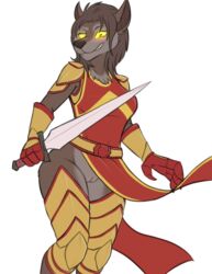 2019 anthro armor brown_fur brown_hair canid canine canis clothing evilymasterful female female_focus fur furry furry_only hair holding_object holding_weapon legwear looking_at_viewer mammal melee_weapon no_underwear pussy simple_background smile solo solo_female solo_focus sword thigh_highs warrior weapon white_background wolf yellow_eyes