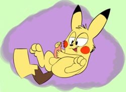 1boy :3 anthro anthrofied ass feet kippykat male masturbation nintendo penis pikachu pokémon_(species) pokemon pokemon_rgby precum rodent simple_background solo tail tapering_penis testicles toony video_games