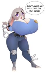 2019 anthro badge big_breasts blush breasts cleavage clothed clothing digital_media_(artwork) disney female fully_clothed fur hand_on_hip handcuffs hi_res huge_breasts judy_hopps lagomorph large_breasts leporid looking_at_viewer mammal niucniuc open_mouth police police_uniform rabbit shackles simple_background solo text uniform voluptuous zootopia