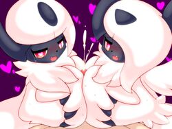 1boy 2girls 4:3 absol big_breasts blush bodily_fluids breast_grab breasts busty_feral canine cum double_paizuri eyelashes female feral genital_fluids half-closed_eyes heart heart-shaped_pupils heavy_breathing huge_breasts male male_on_feral male_pov mega_absol mega_evolution methylcyan nintendo orgasm paizuri pink_eyes pokémon_(species) pokemon pokemon_(species) pokemon_rse pokemon_xy pov purple_background smile sweat teamwork teeth video_games