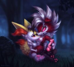 1boy 1girls 3_toes animal_genitalia animal_penis anthro anthro_on_anthro anthrofied big_ears big_eyes blush bodily_fluids braixen breast_licking breasts canine canine_penis claws drooling duo eyelashes feet female female_anthro female_midnight_lycanroc female_pokemon femboy femboy_on_female forest fur genital_fluids girly grass grin half-closed_eyes hand_on_penis hetero kneeling knot large_penis licking lycanroc male male/female male_anthro male_anthro/female_anthro male_braixen male_pokemon male_pokemon/female_pokemon mammal midnight_lycanroc milkwyvern night nintendo nipples nude on_top orange_eyes outdoors pawpads paws penis pink_eyes pink_sclera pokémon_(species) pokemon pokemon_(species) pokemon_sm pokemon_xy precum red_eyes red_fur saliva smile straight teeth testicles text tongue tongue_out video_games watermark white_fur yellow_fur