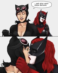 2girls batman_(series) batwoman catwoman cleavage dc dc_comics green_eyes kate_kane kissing red_lipstick selina_kyle snowman1940 straight_hair yuri