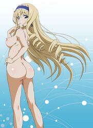 1girls areola artist_request ass back big_ass blonde_hair blue_eyes cecilia_alcott earrings hairband infinite_stratos large_breasts long_hair nipples nude source_request standing very_long_hair