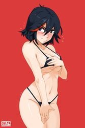 1girls artist_name big_breasts bikini black_bikini black_hair black_swimsuit blue_eyes blush blushing breasts busty cleavage clothing covering covering_breasts covering_crotch curvy embarrassed eyebrows_visible_through_hair eyelashes female female_only fully_clothed hair_between_eyes highres huge_breasts kill_la_kill large_breasts looking_away looking_to_the_side matoi_ryuuko multicolored_hair navel nervous owler red_background red_hair sexually_suggestive shaking shiny_clothes shiny_hair shiny_skin shivering short_hair solo standing swimsuit thick_thighs two-tone_hair two_tone_hair uncomfortable url voluptuous wide_hips worried