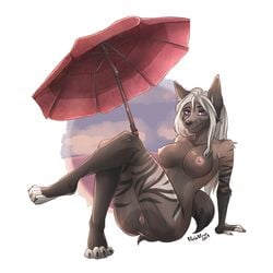 1:1 anthro breasts canid canine female hi_res looking_at_viewer mammal nipples nude pussy smile solo umbrella violavirus