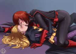 2girls artist_request batgirl batgirl_(stephanie_brown) batman_(series) batwoman blonde_hair clothing dc dc_comics female female_only kate_kane kissing red_hair stephanie_brown yuri