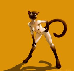 2019 anthro arnius bent_over blue_eyes breasts digital_media_(artwork) domestic_cat eyebrows felid feline felis female hair hi_res leaning leaning_forward looking_at_viewer mammal naughty_face nipples nude raised_eyebrow raised_tail short_hair siamese solo standing