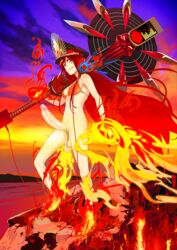 balls big_balls big_penis bikini breasts clothing dark_hair demon_archer edit fate/grand_order fate_(series) female flames futa_only futanari guitar intersex long_hair oda_nobunaga_(fate/grand_order) penis red_eyes smile swimsuit teeth veiny_penis