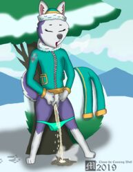 anthro bodily_fluids canid canine canis clothing domestic_dog female genital_fluids half_clothed hi_res husky mammal mrchaosthecunningwolf_(artist) nordic_sled_dog paw_patrol peeing piss pussy solo spitz tagme urine watersports what