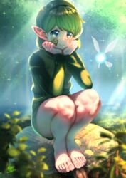 1girls amaaay_zing barefoot blue_eyes censored clothing elf fairy feet female female_only footjob forest green_hair hairband kokiri legs navi ocarina_of_time oil oiled penis pointy_ears saria short_hair solo squatting the_legend_of_zelda thighs toes trample