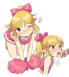 2boys androgynous blonde_hair canon_crossdressing censored cheer_outfit cheerleader cheerleader_link cheerleader_uniform crossdressing cum cum_in_mouth duo faceless_male fellatio femboy gay girly hair_ornament heart-shaped_pupils hylian link long_ears male male_cheerleader male_only meimone oral plain_background pointy_ears pom_poms simple_background skirt the_legend_of_zelda toon_link trap tri_force_heroes wink yaoi