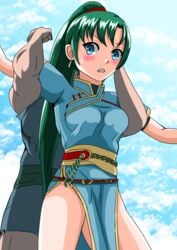 1girls bare_thighs blue_eyes blush captured fire_emblem fire_emblem:_the_blazing_blade green_hair large_breasts lyn_(fire_emblem) nintendo ponytail restrained sweat sweatdrop y_kotohira