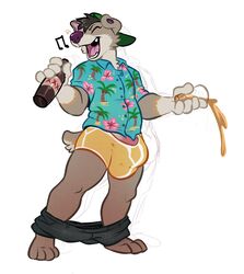 1boy 2019 alcohol anthro beverage big_bulge bulge canid canine canis closed_eyes clothed clothing domestic_dog drunk ear_piercing fur hat headgear headwear herding_dog hi_res hoot male male_only mammal open_mouth pants_down partially_clothed pastoral_dog penis penis_base piercing purple_nose shirt simple_background singing solo substance_intoxication thick_penis topwear tunny underwear welsh_corgi yellow_underwear