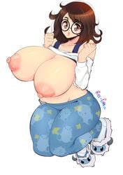 alternate_breast_size areolae big_breasts blizzard_entertainment breasts_bigger_than_head brown_eyes brown_hair female_only glasses huge_breasts large_breasts mei_(overwatch) overwatch pajamas rice-chan thick_thighs