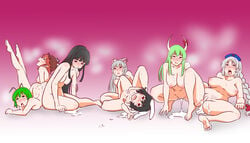 6+girls after_sex after_vaginal animal_ears black_hair blue_eyes blush braid braided_ponytail breasts brown_eyes brown_hair bunny_ears cum cum_in_mouth cum_in_pussy eirin_yagokoro ex-keine fujiwara_no_mokou green_eyes green_hair hair_ornament hair_ribbon hat horns kaguya_houraisan keine_kamishirasawa large_breasts long_hair multiple_girls mystia_lorelei nipples nude nurse_cap open_mouth overflow ponytail pussy red_eyes ribbon saliva shiny shiny_skin shiraue_yuu short_hair small_breasts smile sweat tears tewi_inaba tongue tongue_out touhou white_hair wriggle_nightbug