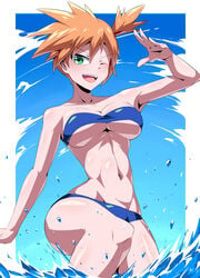 1girls 2019 abs adapted_costume aged_up alternate_breast_size alternate_costume alternate_outfit arm_up armpits ass bare_shoulders belly big_breasts bikini blue_background blue_bikini blue_swimsuit blush breasts cleavage clothed day eye_contact eyebrows_visible_through_hair female female_only green_eyes gym_leader human human_only kasumi_(pokemon) looking_at_viewer medium_breasts midriff misty_(pokemon) misty_(pokemon_rgby) navel nintendo older_female one_eye_closed open_mouth orange_hair outdoors partially_submerged pokemon pokemon_rgby short_hair short_orange_hair side_ponytail sideboob sky smile solo splashing standing suzusiigasuki swimsuit teeth thick_thighs thighs thin_waist tied_hair tongue underboob water white_border wide_hips wink