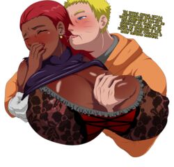 1boy 1girls blonde_hair boruto:_naruto_next_generations breast_grab breasts cheating cheating_wife dark-skinned_female dark_skin female greshnikhrono interracial karui licking_ear male milf naruto red_hair russian_text text translated uzumaki_naruto