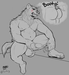 ass balls belly bodily_fluids brown_hyena cum drooling genital_fluids hi_res hyaenid hybrid male male_only mammal mariart masturbation nipples nude orgasm original_character pawpads saliva solo spotted_hyena thick_thighs thought_bubble