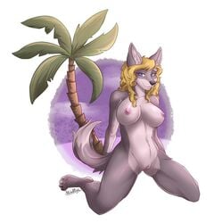 anthro breasts canid canine female hi_res kneeling looking_at_viewer mammal nipples nude palm_tree pussy smile solo tree violavirus