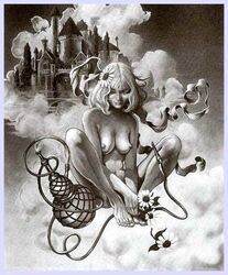 alice_in_wonderland alice_liddell blonde_hair casual casual_nudity comic completely_nude female frank_brunner hookah human nude outdoors pale_skin ribbon tagme