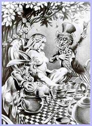 alice_in_wonderland alice_liddell blonde_hair casual casual_nudity comic completely_nude dormouse dormouse_(alice_in_wonderland) female frank_brunner human mad_hatter march_hare nude outdoors pale_skin ribbon tea_pot teapot