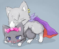 1boy 1girls blush bow cape cum dian_(jewelpet) diana_(jewelpet) doggy_style duo ear_piercing feline female feral feral_on_feral from_behind fur incest jewelpet jewelpet_(species) male piercing sanrio sex simple_background straight tear