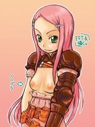 blush breasts clothing female female_only final_fantasy final_fantasy_tactics_advance flat_chest green_eyes human jpeg_artifacts long_hair no_bra pink_hair ritz_malheur solo topless translated