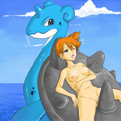 breasts bule female green_eyes human kasumi_(pokemon) lapras navel nintendo nipples nude open_mouth orange_hair pokemon pokephilia pussy tagme water