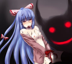 blue_hair blush bondage bound_hands bound_wrists bow breasts caved chocolate ex-keine flat_chest fujiwara_no_mokou gag hair_ribbon humiliation imminent_rape keine_kamishirasawa nipples open_clothes open_shirt ribbon shirt thighhighs tied_hands touhou valentine