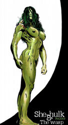 00s 2000s 2003 2girls avengers big_breasts breasts female female_only green-skinned_female green_hair green_skin hulk_(series) janet_van_dyne marvel marvel_comics minigirl multiple_girls muscular_female nipples nude pat_(artist) pubic_hair she-hulk size_difference wasp_(marvel)