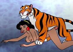 1990s 1997 20th_century aladdin ben_(artist) disney disney_princess doggy_style erect_penis female human nipples penis princess_jasmine rajah surprised testicles tiger zoophilia