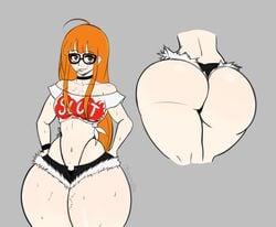 1girls ass bermuda_art big_ass big_butt choker crop_top daisy_dukes female female_focus female_only glasses huge_ass light-skinned_female light_skin lollipop looking_at_viewer low_cut_top orange_hair pale-skinned_female pale_skin persona persona_5 sakura_futaba short_shorts shorts simple_background small_breasts solo solo_female solo_focus sweat thick_thighs thighs whale_tail wide_hips