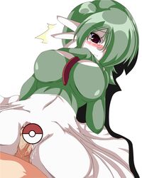 bad_censor blush censored covering covering_crotch cum gardevoir large_breasts looking_at_viewer narura pokemon pokemon_(species) pokemon_rse pov spread_legs