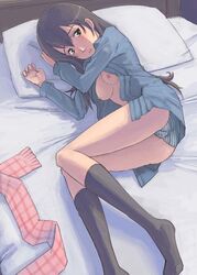 1girls bed breasts brown_eyes brown_hair female footwear kneehighs kuroyagi long_hair lying nipples open_clothes open_shirt panties shirt socks solo striped striped_panties underwear yuasa_hiromi