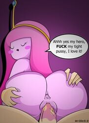 adventure_time anus ass ass_grab blush crown female finn_the_human hand long_hair male mrcbleck penis pink pink_hair pink_skin princess_bubblegum pussy pussy_juice riding sex straight text uncensored