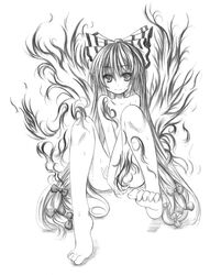 barefoot feet fire fujiwara_no_mokou hair_ribbon hair_ribbons kurona long_hair monochrome nude ribbon ribbons solo touhou