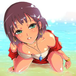 1girls 2008 bandeau bandeau_bikini bracelet breasts cleavage curvaceous dark-skinned_female dark_skin down_blouse earrings female female_only fushigi_no_umi_no_nadia gainax green_eyes hair human jewelry kasai_shin large_breasts nadia_la_arwall neck_ring necklace pendant princess purple_hair short_hair solo tubetop vest wet