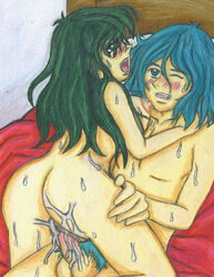 1girls ass breasts female girl_on_top green_hair large_breasts light-skinned_female light_skin long_hair macross male maximilian_jenius milia_fallyna_jenius nude penis pubic_hair sex spacecoyote straight super_dimension_fortress_macross vagina vaginal vaginal_penetration zentradi