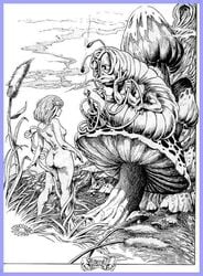 alice_in_wonderland alice_liddell blonde_hair casual casual_nudity caterpillar comic completely_nude female frank_brunner human nude outdoors pale_skin ribbon the_caterpillar