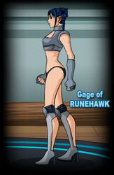 artix_entertainment black_panties blue_hair boots cleavage curvaceous curvy curvy_female curvy_figure edit fingerless_gloves futuristic gloves high_heels knee_pads mechquest midriff original_character panties pantless profile_view tank_top top