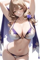 ai_generated arms_up bazill_beach belly_button genshin_impact large_breasts light-skinned_female light_skin lingerie lisa_(genshin_impact) long_hair midriff milf navel