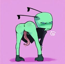 alien angry anus artist_name ass ass_out bent_over black_clothing blue_eyes blush blush_lines clothing digital_media_(artwork) genitals green_body hi_res humanoid ignis_vitae looking_at_viewer looking_back male penis penis_tentacles pink_background shaded simple_background simple_shading solo squinted_eyes tentacle vasdocor_09