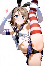 ai_generated bikini blue_eyes brown_hair brown_hair_female cameltoe cosplay female leg_lift legs_up love_live! love_live!_sunshine!! miniskirt short_hair skirt solo striped striped_legwear thighhighs thighs thing watanabe_you wavy_hair