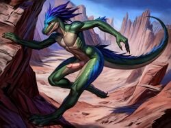 absurd_res action_pose ai_generated anthro claws cloacal_penis digital_painting_(artwork) furry furry_male furry_only hi_res male running slim velociraptor