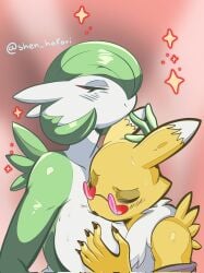 breast_sucking breasts_grab digi_(yourdigimongirl) furry gardevoir green_skin long_ears pokemon pokemon_(species) red_background renamon shen_hokori smile sunglasses white_fur yellow_skin